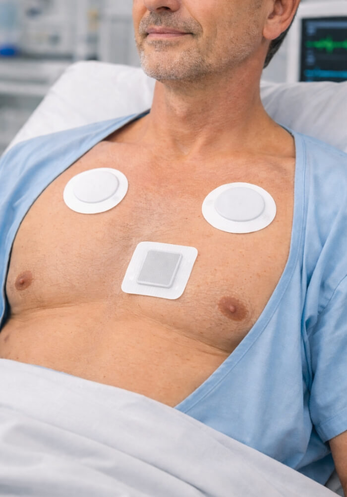 Man with medical sensors on chest.