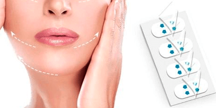 Woman's face with skincare patches diagram.