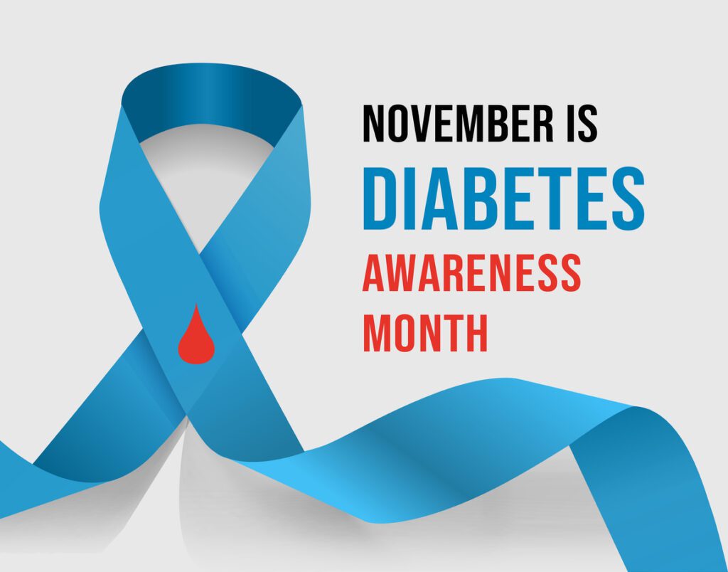 blue ribbon with text "November is Diabetes Awareness Month"